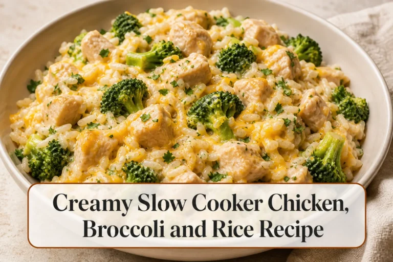 Creamy chicken rice with title reading Creamy Slow Cooker Chicken, Broccoli and Rice Recipe
