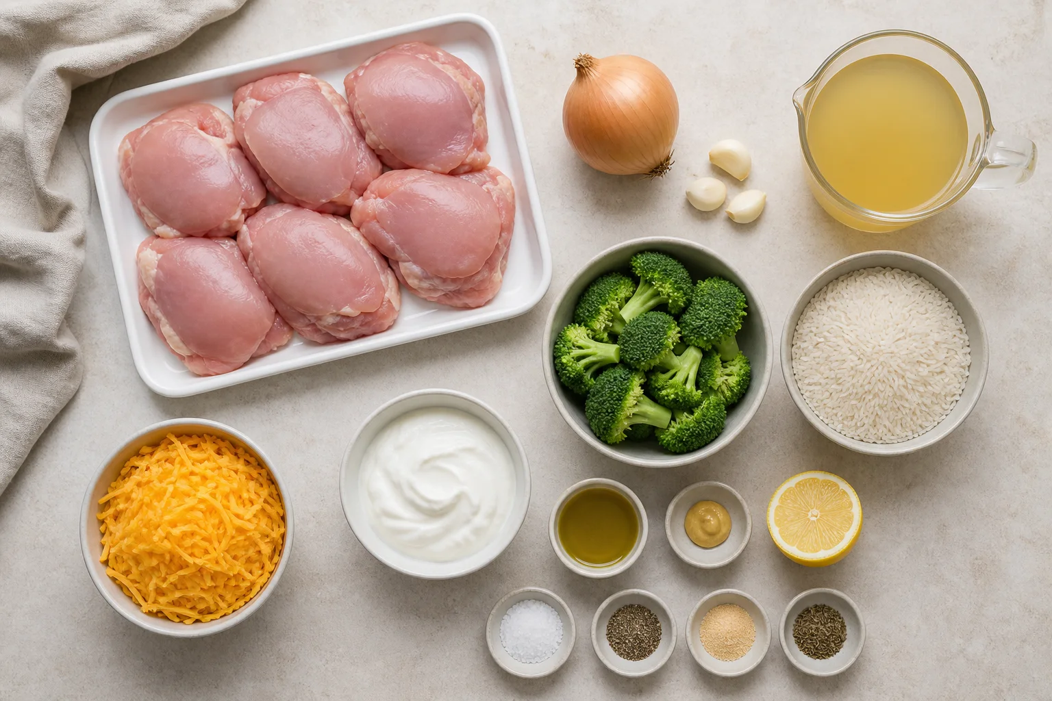 Chicken thighs, converted rice, broccoli, broth, cheddar, yogurt, onion, garlic and seasonings