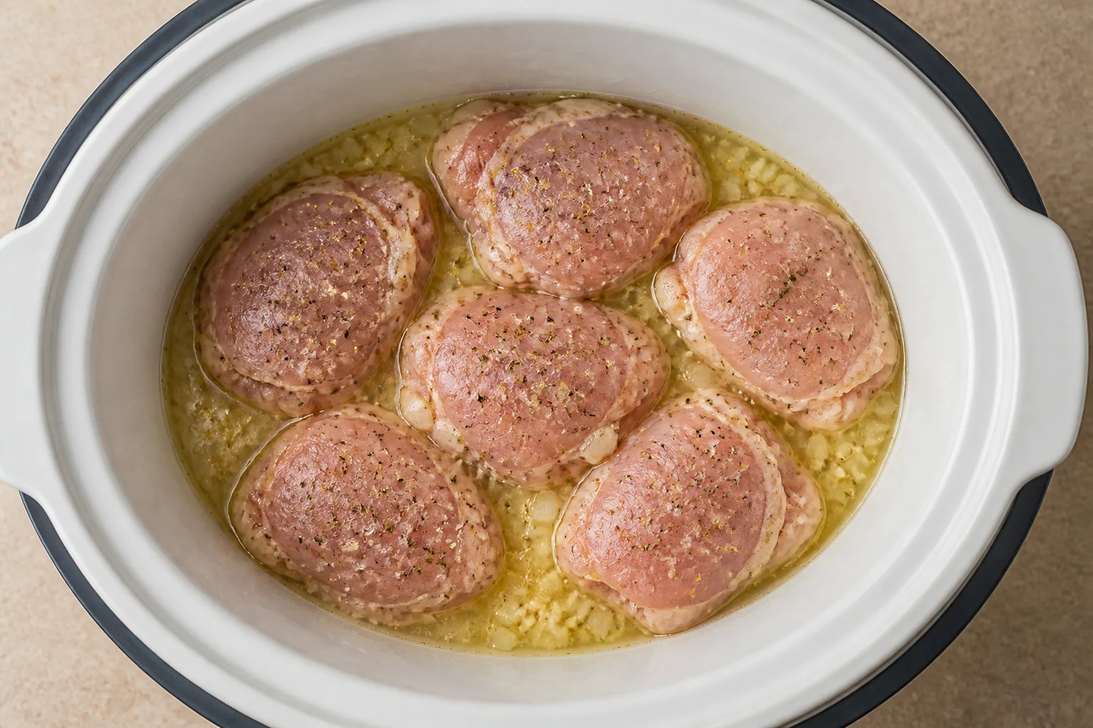 Raw seasoned chicken thighs over onion and broth in a slow cooker