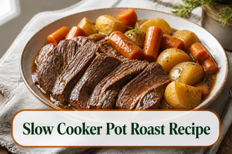 Tender sliced slow cooker pot roast in a deep platter with large carrots, Yukon Gold potatoes and glossy brown gravy, natural fibers and soft window light. The lower title bubble reads Slow Cooker Pot Roast Recipe.