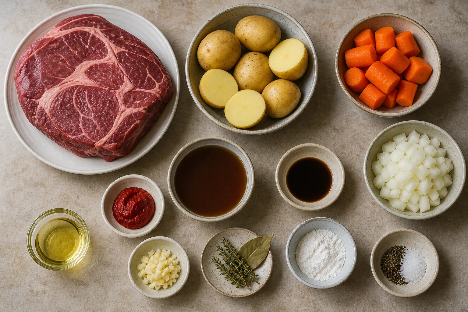 Beef chuck roast, potatoes, carrots, onion, garlic, tomato paste, beef broth, Worcestershire, thyme, bay leaf, cornstarch, oil, salt and pepper overhead.