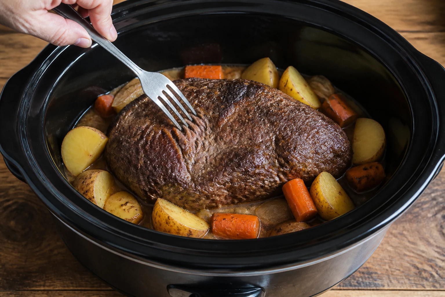 Deeply browned whole chuck roast centered in a slow-cooker crock with large potatoes and carrots around it and restrained broth below.