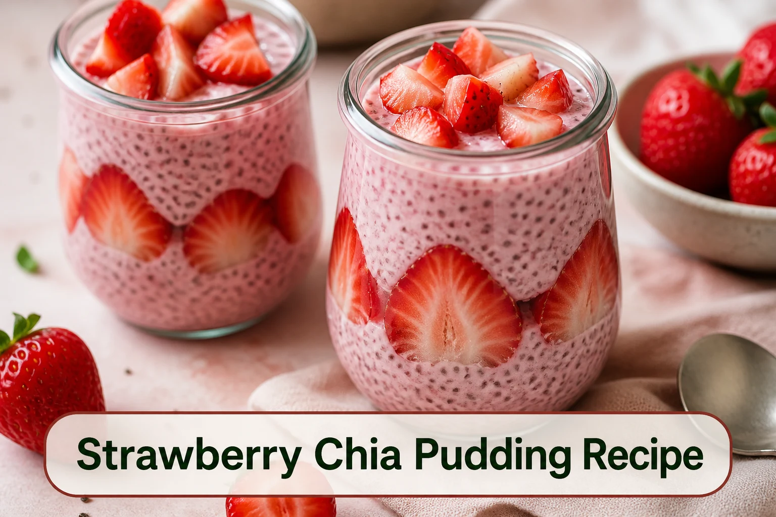 Pink strawberry chia pudding in glass jars layered with fresh strawberry slices and a creamy seed-speckled texture.; title text reads Strawberry Chia Pudding Recipe