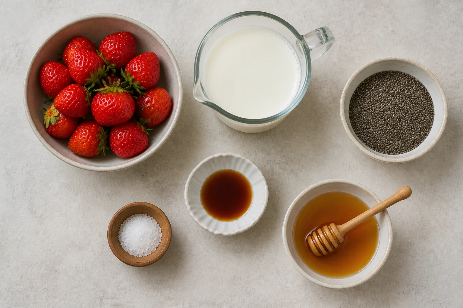 strawberry ingredients, chia seeds, milk, sweetener, vanilla and salt arranged in a clean flat-lay.