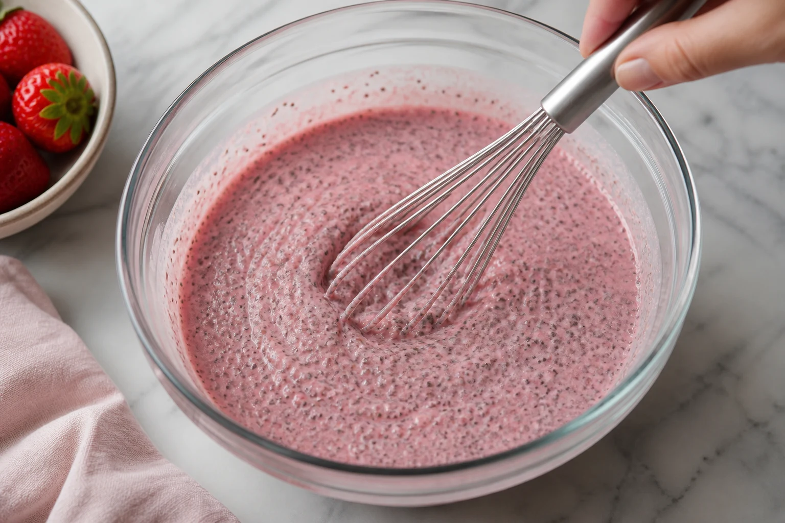 Hydrated strawberry chia pudding being whisked a second time, with evenly suspended seeds and no clumps.