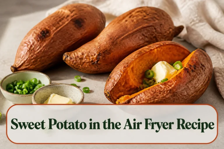 Four whole air-fried sweet potatoes with lightly crisp blistered skins, one split open to show vivid orange fluffy flesh, simple butter and scallion toppings nearby. The lower title bubble reads Sweet Potato in the Air Fryer Recipe.