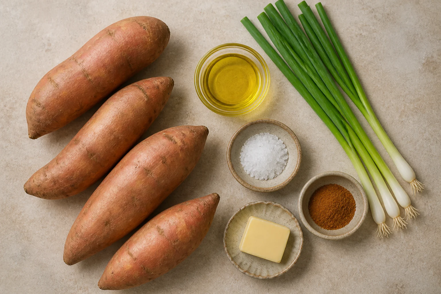 Four medium raw sweet potatoes, a small measured bowl of olive oil, kosher salt, butter, cinnamon and scallions on a neutral kitchen surface.