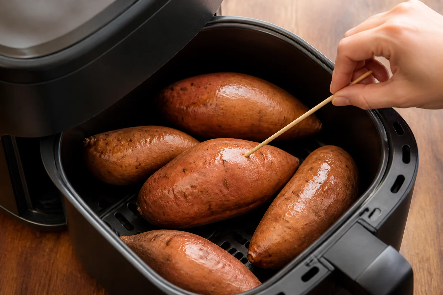 Whole oiled sweet potatoes spaced in a single layer inside a realistic air-fryer basket, with one potato being checked through the thick center using a skewer.