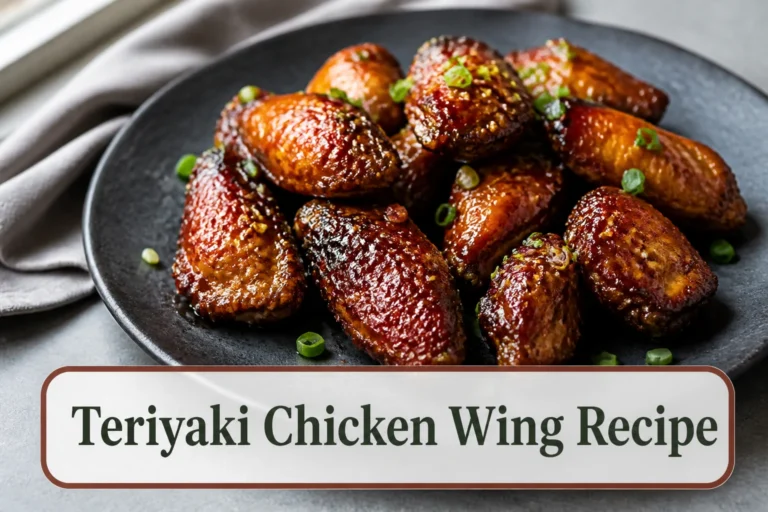 Glossy baked teriyaki chicken wings on a charcoal platter, mahogany glaze, crisp edges, scallions and sesame seeds, with believable sticky sauce and natural variation. The lower title bubble reads Teriyaki Chicken Wing Recipe.