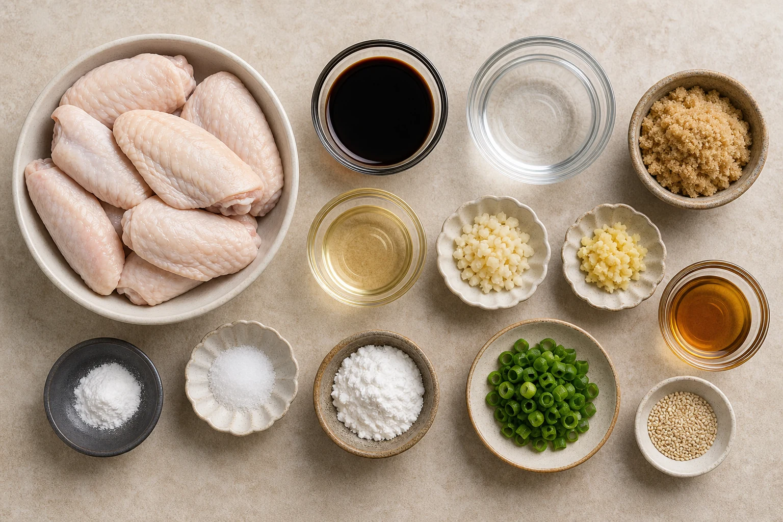 Split raw chicken wings, soy sauce, water, brown sugar, mirin, garlic, ginger, sesame oil, baking powder, salt, cornstarch, scallions and sesame seeds measured neatly.