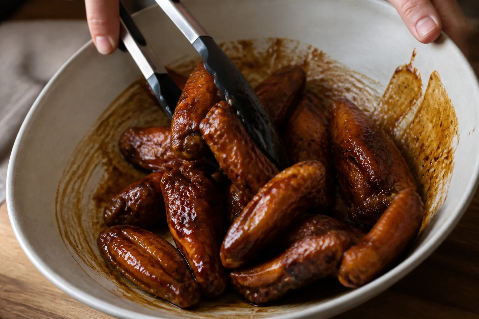 Deeply browned baked chicken wings being tossed lightly with warm mahogany teriyaki glaze in a wide bowl, sauce clinging with no heavy pool.