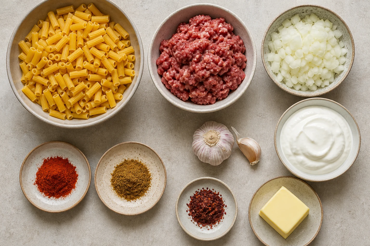 Short pasta, ground beef, onion, Greek yogurt, garlic, paprika, cumin, butter and Aleppo pepper.