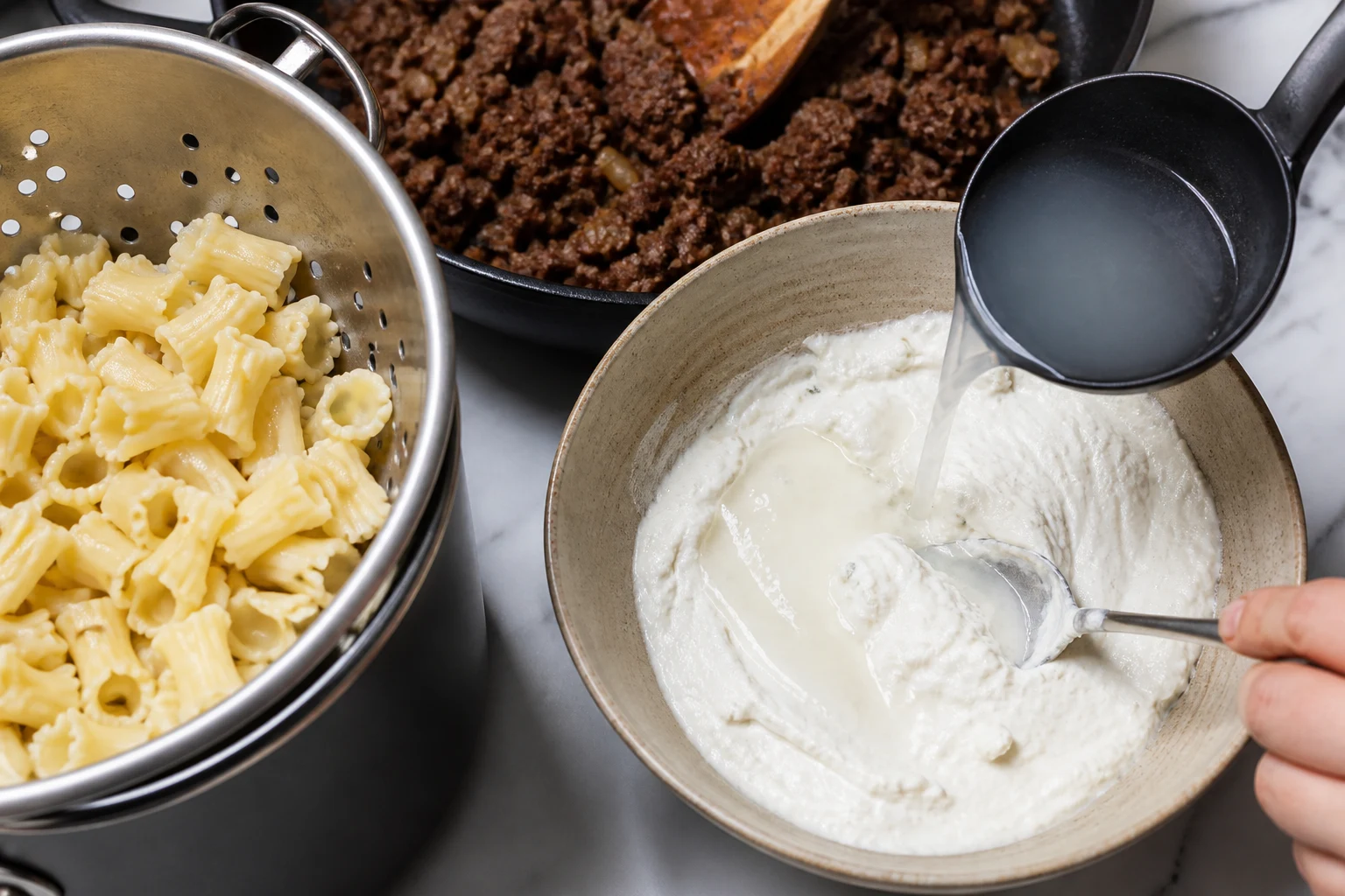 Room-temperature garlic yogurt being loosened with warm pasta water beside browned spiced beef and drained pasta.
