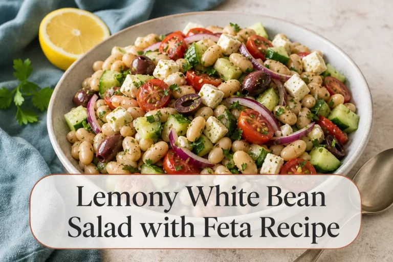 White bean feta salad with title reading Lemony White Bean Salad with Feta Recipe