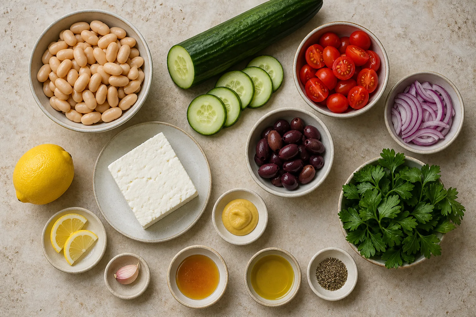 White beans, English cucumber, cherry tomatoes, red onion, Kalamata olives, parsley, feta, lemon, Dijon, garlic, oregano, honey and olive oil