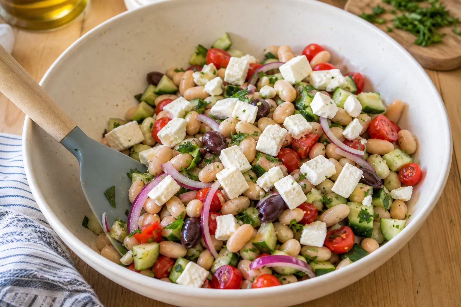 Half-inch feta pieces being gently folded into dressed white beans, cucumber, tomatoes, onion and olives