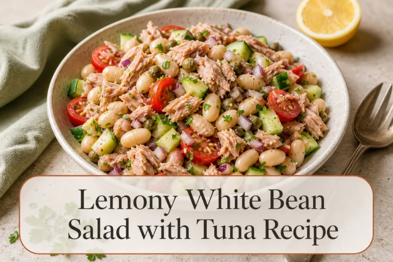 White bean tuna salad with title reading Lemony White Bean Salad with Tuna Recipe