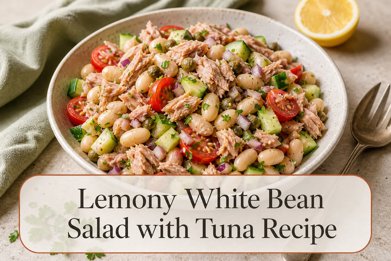 White bean tuna salad with title reading Lemony White Bean Salad with Tuna Recipe