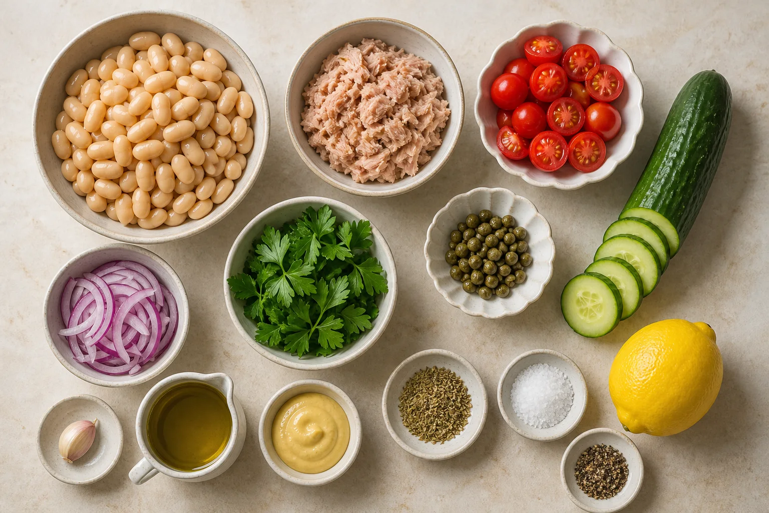 Cannellini beans, canned tuna, cherry tomatoes, cucumber, red onion, parsley, capers, lemon, Dijon, garlic, olive oil and oregano