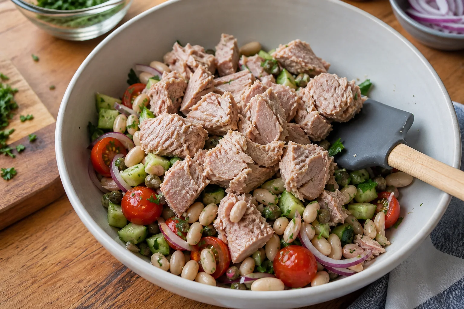 Large tuna flakes being gently folded into dressed cannellini beans and chopped vegetables