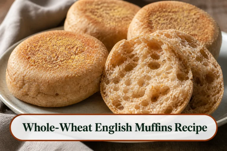 Whole-wheat English muffins with cornmeal-dusted golden surfaces, one fork-split to show airy nooks and chewy crumb.; title text reads Whole-Wheat English Muffins Recipe