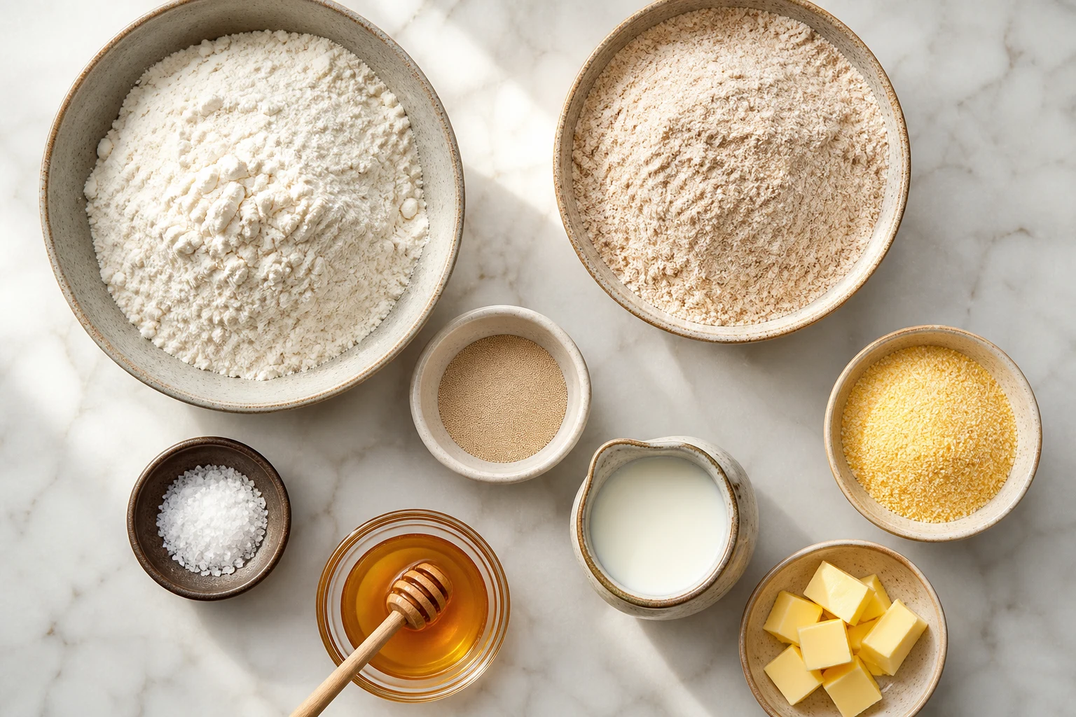 Whole-wheat flour, bread flour, yeast, salt, honey, milk, butter and cornmeal.