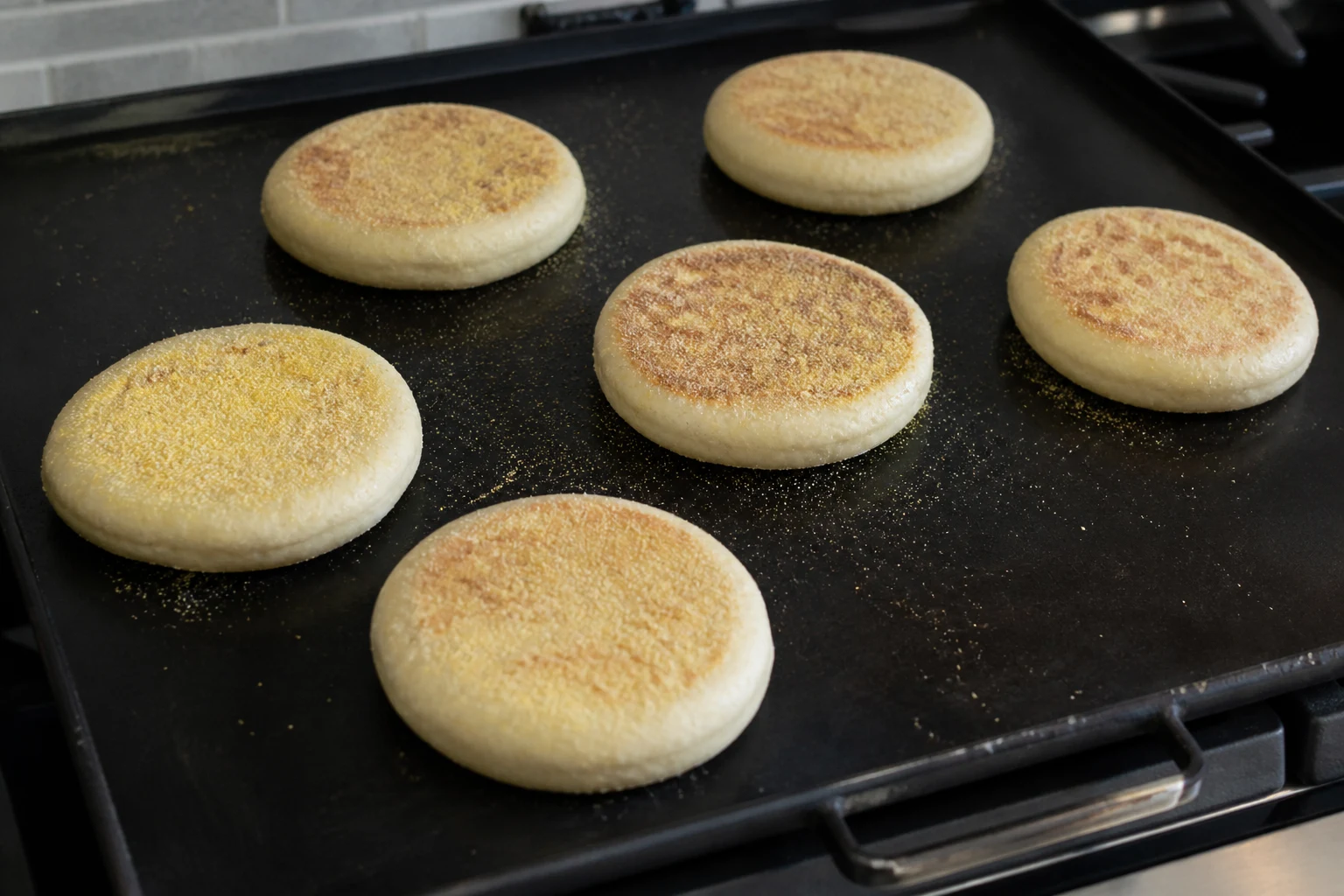 Puffy cornmeal-dusted English muffin rounds cooking slowly on a flat griddle with even spacing.