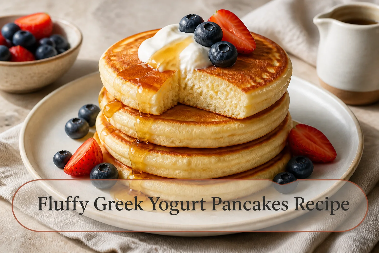 Stack of Greek yogurt pancakes with title reading Fluffy Greek Yogurt Pancakes Recipe