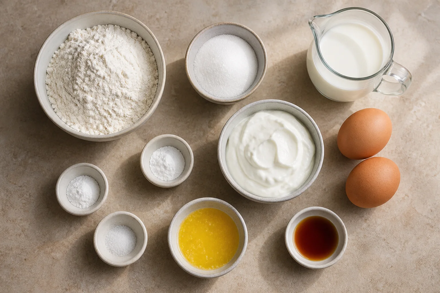 Flour, sugar, baking powder, baking soda, salt, Greek yogurt, milk, two eggs, butter and vanilla
