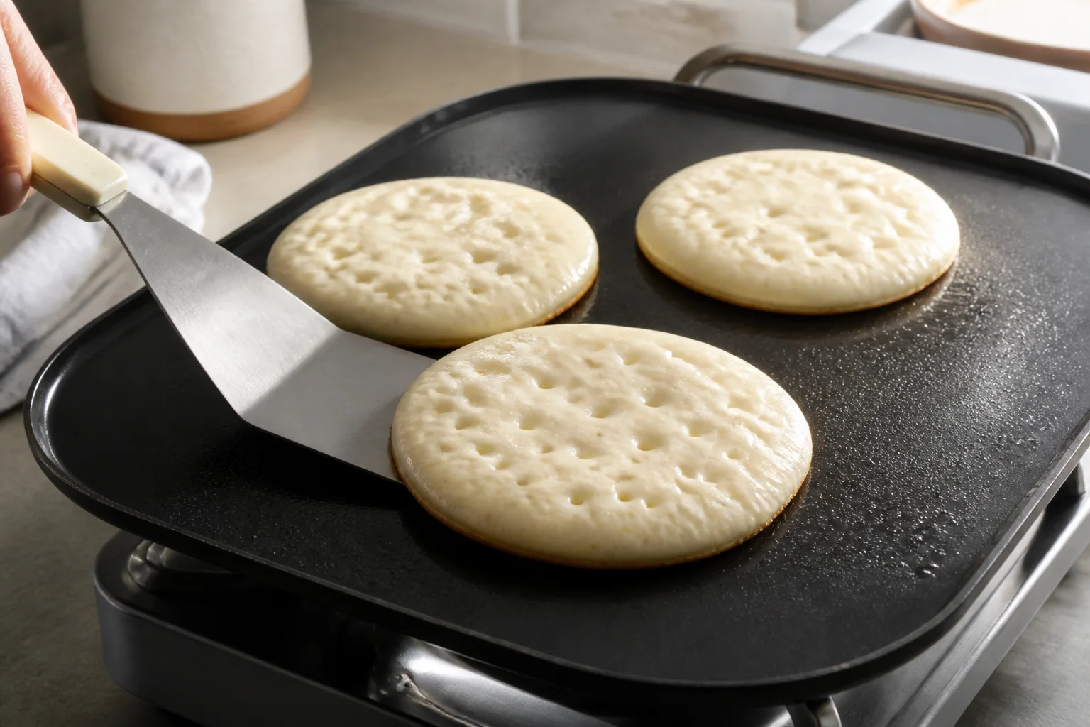Greek yogurt pancakes on a griddle with open center bubbles and matte edges ready to flip